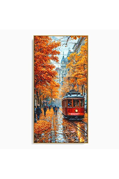 Luxcanva Tablou Canvas Tramvai De Toamna 60x120 cm cu Rama Auriu Sine Calator...