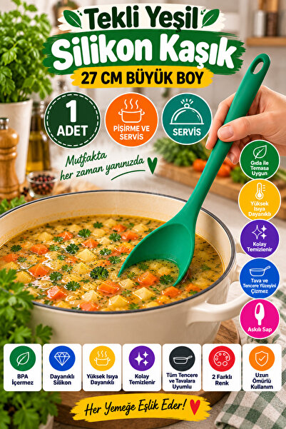 OpenCity Single Green Large Size Silicone Spoon 27 cm Kitchen Cooking and Ser...
