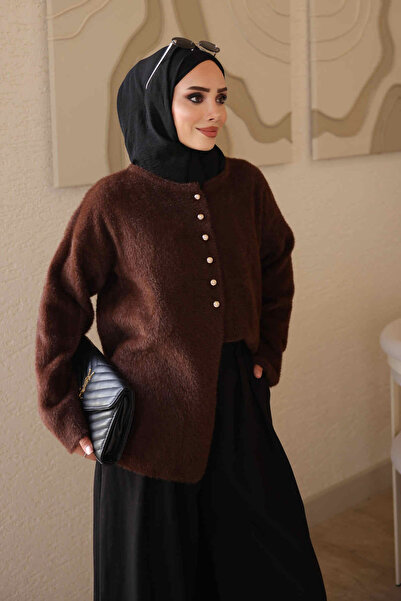 İmajButik Brown Buttoned Angora Soft Knit Cardigan