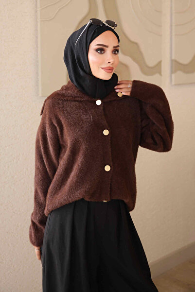 İmajButik Brown Buttoned Angora Soft Knit Cardigan