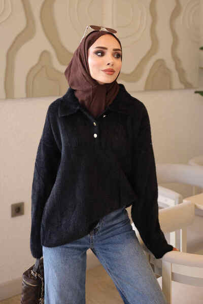İmajButik Black Shirt Collar Angora Soft Knit Sweater