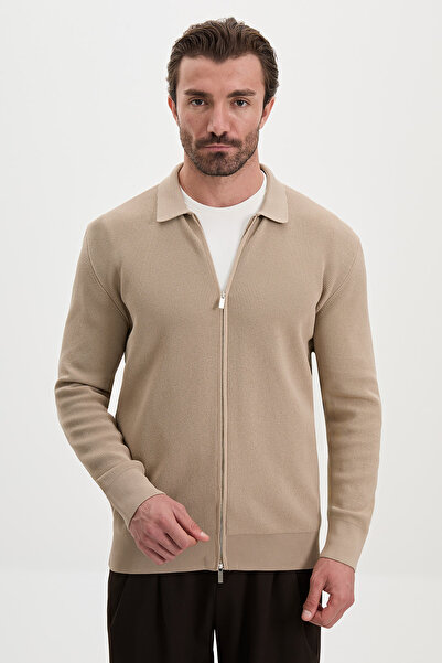 Mcr Plain Slim Fit Shirt Collar Zippered Cotton Men's Knitwear Cardigan Beige...