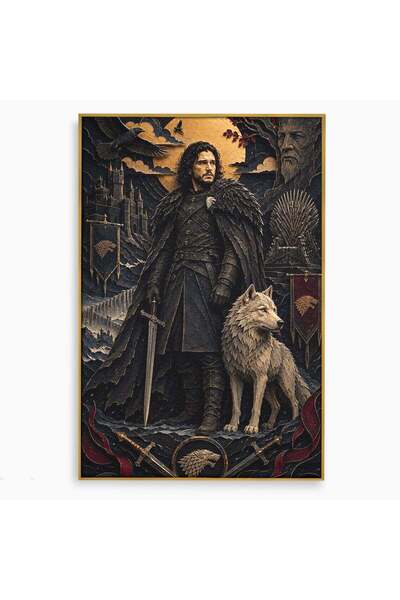 Luxcanva Tablou Canvas Lordul Nordului 70x100 cm cu Rama Auriu Jon Snow Lup Alb