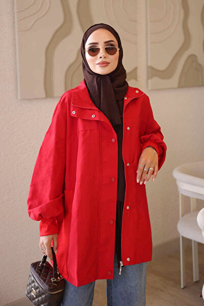 İmajButik Kırmızı Fermuarlı Çıtçıtlı Garnili Ceket Trenç
