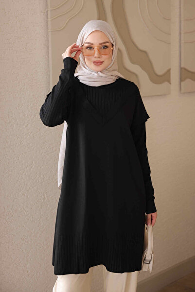 İmajButik Black Mercerized Knitwear Tunic with Sleeve Collar Detail