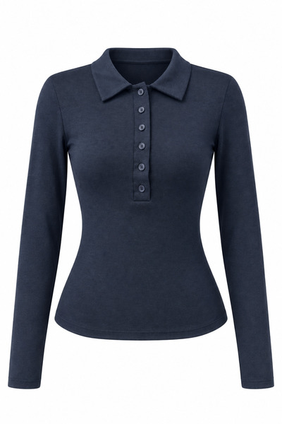 Mixray 2246 Women's Polo Collar Buttoned Long Sleeve Slim Fit Blouse Navy Blue
