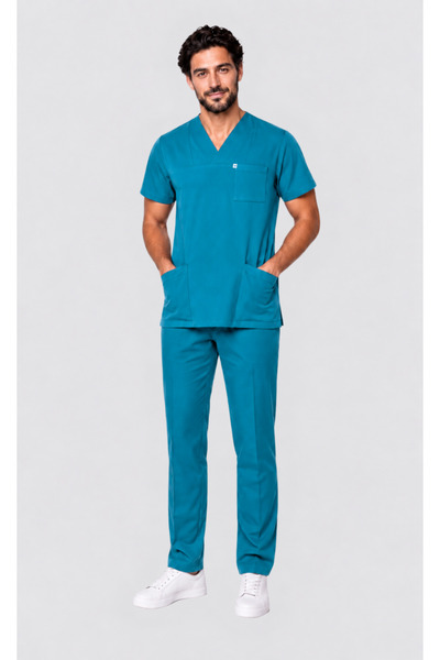 DENİZ İŞ Ανδρικό σετ Scrubs από βαμβάκι Tery με γιακά φακέλου, Μπλε, Μπλε Σαξ...