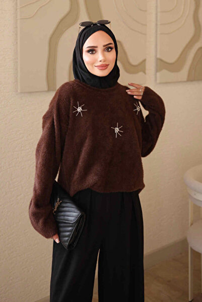 İmajButik Brown Crew Neck Stoned Angora Soft Knit Sweater