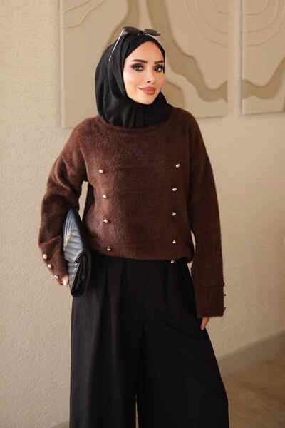 İmajButik Brown Button Detailed Angora Knit Sweater