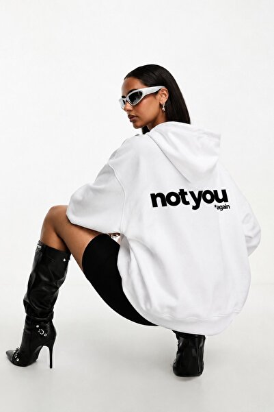 The Champ Clothing هودي كبير الحجم للجنسين مطبوع عليه Not You Again باللون الأبيض - بقلنسوة، وجيب كنغر، و3 خيوط مطرزة