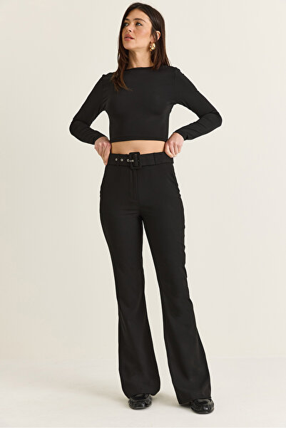 Bianco Lucci Women's Black High Waist Thick Belted Spanish Trotting Fabric Tr...