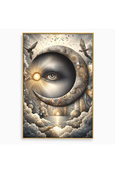 Luxcanva Tablou Canvas Ochiul Lunii 40x60 cm cu Rama Auriu Fantezie Cer Luna