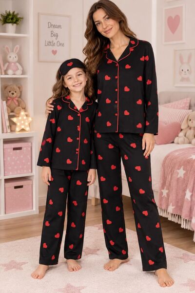 Maviş Kids Kız Çocuk Ve Anne İçin De Uygun Süet Kumaş Siyah Kalp Desenli Göml...