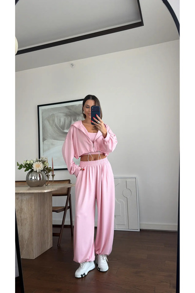 sinem kıvanç MODAL KUMAŞ KAPÜŞONLU CROP 3’LÜ TAKIM