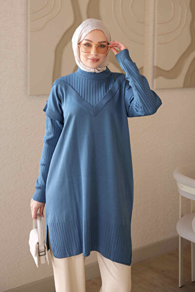 İmajButik İndigo Kol Yaka Detaylı Merserize Triko Tunik