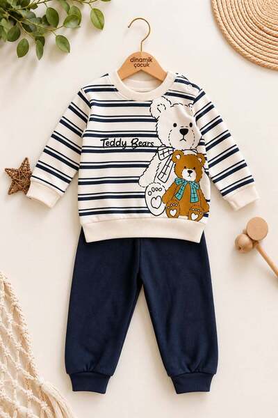 dinamik çocuk Erkek Bebek Teddy Bears Ayıcık Baskılı Çizgili Sweatshirt ve Al...