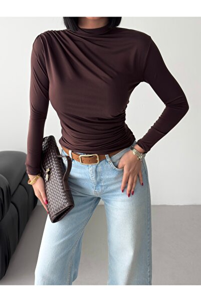 QUTTA Women's Half Turtleneck Long Sleeve Sandy Fabric Blouse with Shoulder a...