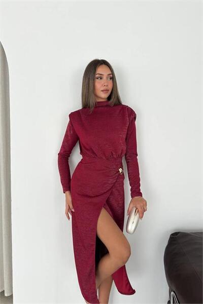 Neşeli Butik Γυναικείο μπορντό φόρεμα με χρυσή αγκράφα, λαμπερό σχιστό σχέδιο...