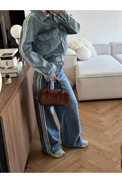 vesantia Kadın Mavi Denim Kot Takım Şerit Detaylı Fermuarlı Bomber Ceket Palazzo Pantolon İkili Takım