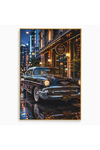 Luxcanva Tablou Canvas Frumusetea Retro 80x120 cm cu Rama Auriu Masina Noapte...