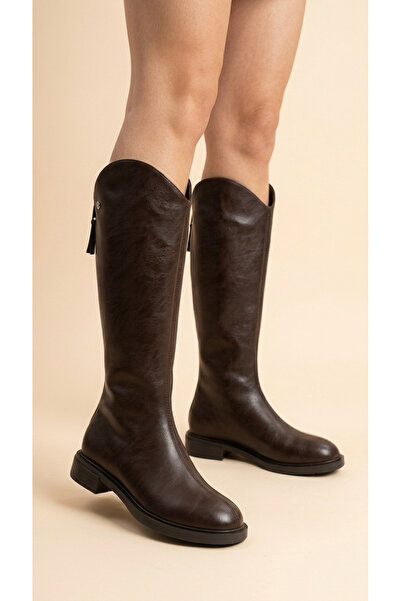 Moda Lime Women's Leather Look Short Heeled Below the Knee Boots with Back Zi...
