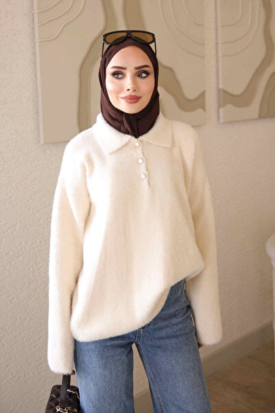 İmajButik Cream Shirt Collar Angora Soft Knitwear Sweater