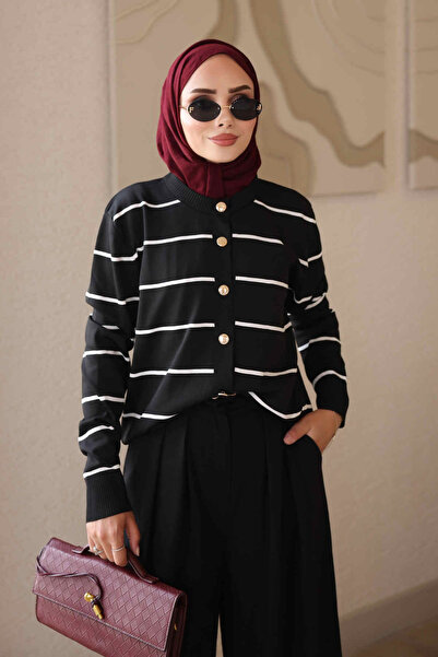 İmajButik Black Striped Cold Yarn Knitwear Cardigan