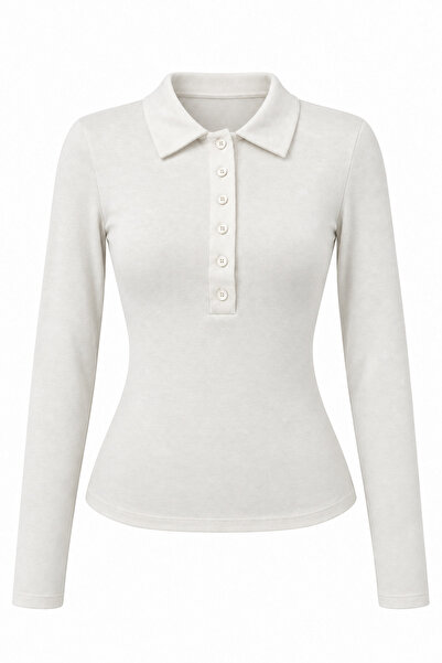 Mixray 2246 Women's Polo Collar Buttoned Long Sleeve Slim Fit Blouse White