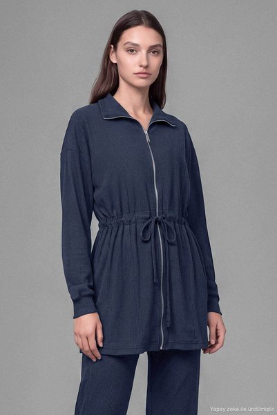 Hooopstore Dik Yaka Büzgülü Ribana Lacivert Pantolon Takım