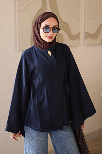 İmajButik كيمونو كشميري باللون الأزرق الداكن مع فتحات على الأكمام وربطة جانبية