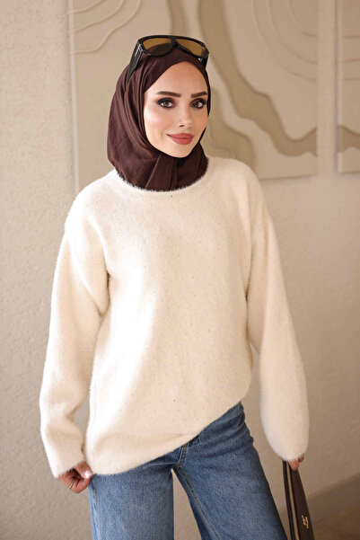 İmajButik Cream Crew Neck Stoned Angora Soft Knit Sweater