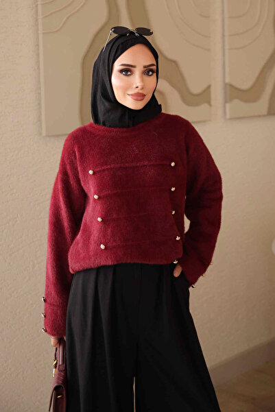 İmajButik Burgundy Button Detailed Angora Knit Sweater
