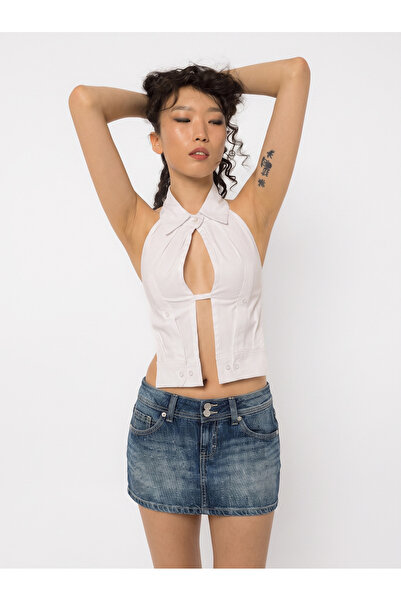 GIRL CODE Top halter alb din bumbac tip cămașă cu spatele gol
