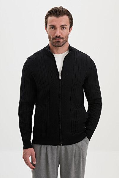 Mcr Striped Slim Fit Cashmere Zippered Side Pockets Stand Collar Men's Knitwe...