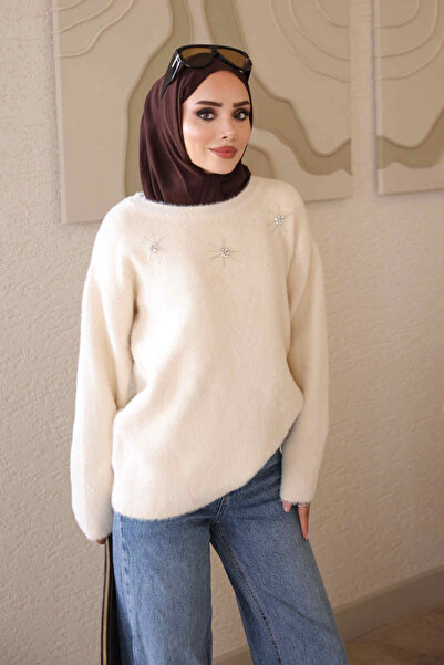 İmajButik Cream Crew Neck Stoned Angora Soft Knit Sweater