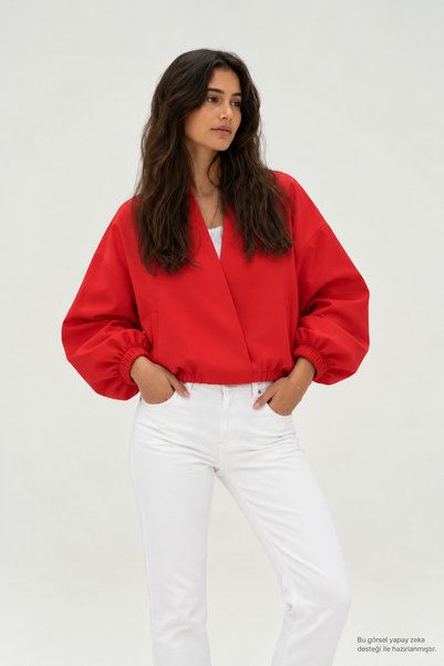 Layk Mayk Women's Zw Buttoned Red Casual Bomber Jacket-00514967
