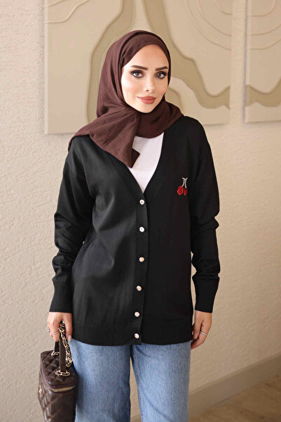 İmajButik Black Sequin Embroidered Buttoned Cold Yarn Knitwear Cardigan