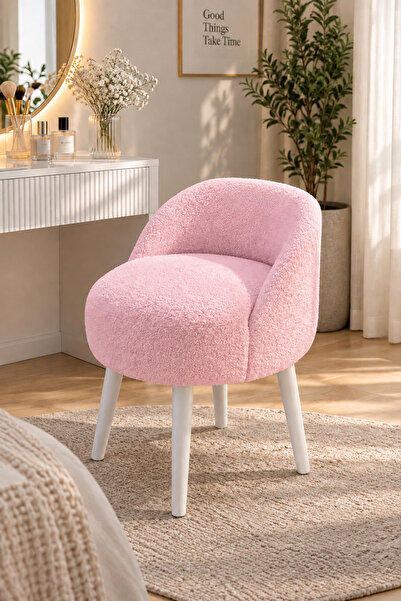 ygdecor Lüks Bukle Makyaj Koltuğu Beyaz Ahşap Ayaklı Çok Amaçlı Tasarım Puf v...