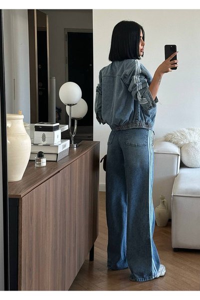 vesantia Kadın Mavi Denim Kot Takım Şerit Detaylı Fermuarlı Bomber Ceket Palazzo Pantolon İkili Takım