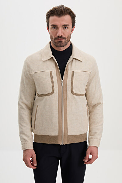 Mcr Textured Slim Fit Shirt Collar Zippered Wool Men's Coat Beige - 39695.26K