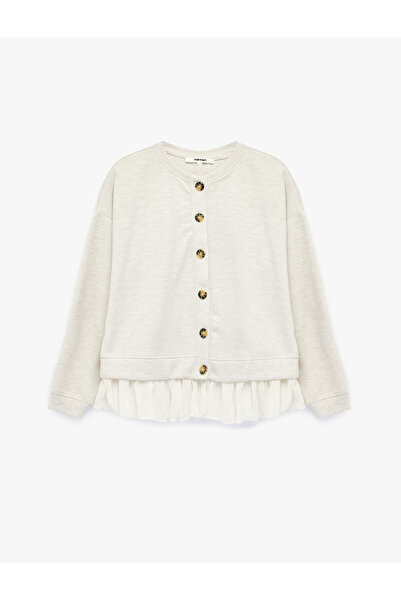 Koton Slim Fit Crew Neck Long Sleeve Buttoned Ruffle Sweatshirt Cardigan