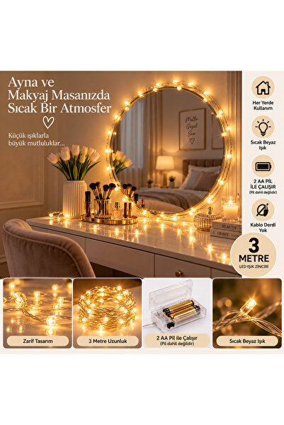 ARVALE Peri 3 Metre 2 AA Pilli Sıcak Beyaz LED Işığı – Dekoratif Tel Işık Zin...