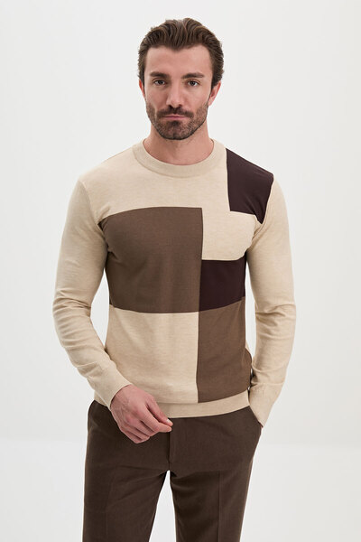 Mcr Patterned Slim Fit Crew Neck Cashmere Men's Knitwear Sweater Beige - 1162...