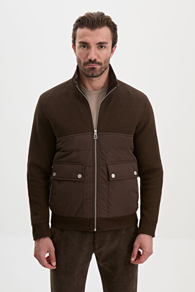 Mcr Ribbed Slim Fit High Collar Zippered Knitwear Men's Coat Brown - 39675.26K