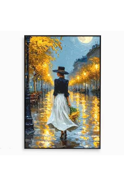 Luxcanva Tablou Canvas Femeie Pe Strada Noaptea 40x60 cm cu Rama Negru Diafan...