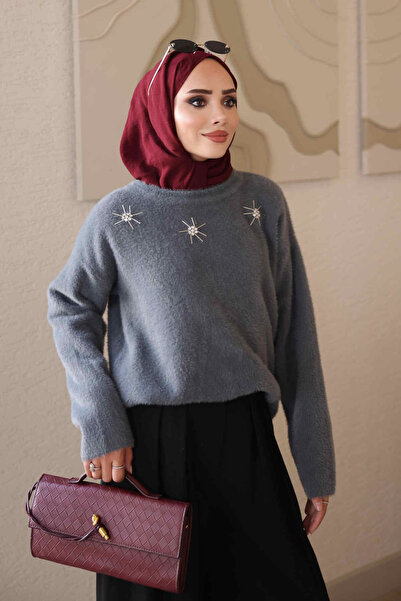 İmajButik Smoked Crew Neck Stoned Angora Soft Knit Sweater