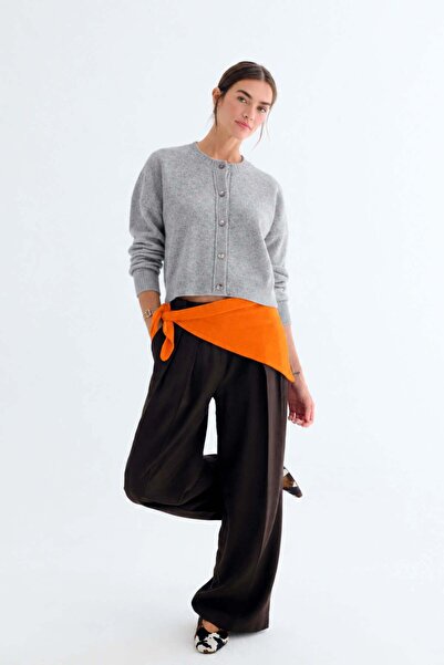 Silk and Cashmere Açık Gri Pera Saf Kaşmir Yuvarlak Yaka Hırka