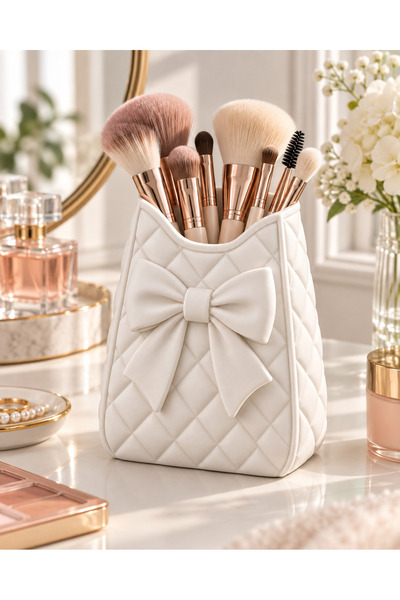 Belupa Decorative Makeup Brush Holder Organizer Pen Holder with Bow Detail 14 cm