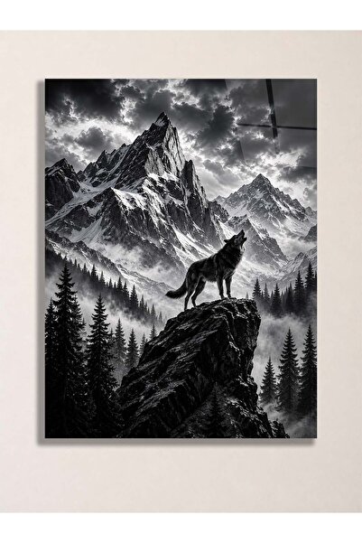 Kurt ve Dağ Manzaralı Metal Tablo - Siyah Beyaz Vahşi Doğa Duvar Dekoru, Metal Poster Wall Art
