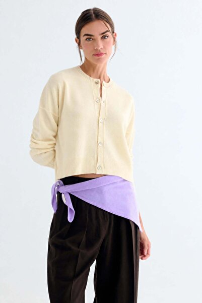 Silk and Cashmere Açık Sarı Pera Saf Kaşmir Yuvarlak Yaka Hırka
